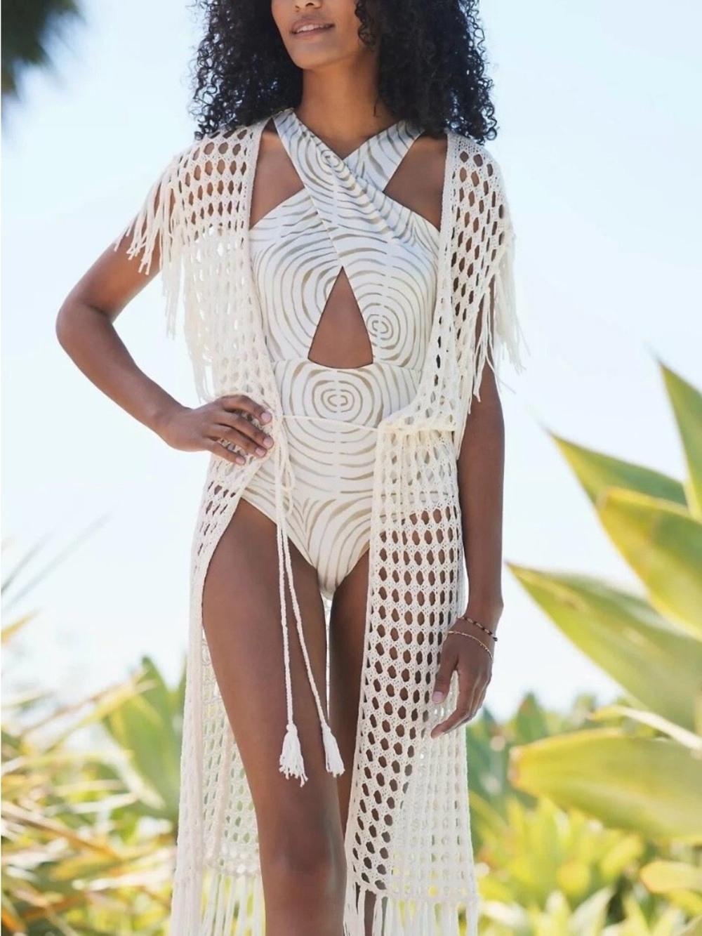 Anthropologie Cream Crochet Fringe Swim Coverup
